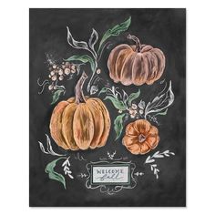 a chalkboard drawing of pumpkins and leaves on a black background with the words welcome