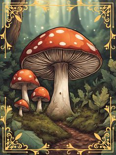 a painting of two mushrooms in the forest