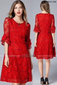 10% off now|Free shipping world-wide. L-5XL Aline Red Lace Party Dress with Flare Sleeves at GemGrace. Click to learn our pro custom-made service for wedding dress, formal dress. View #SemiFormalDresses for more ideas. Elegant Dresses With Lace Bell Sleeves, Red Lace Dress With Lace Sleeves, Red Lace A-line Dress, Red A-line Lace Dress, Elegant Red Lace Patchwork Dress, Elegant Lace Dress With Bell Sleeves, Elegant Lace Bell Sleeve Dresses, Lace Party Dress, Maxi Dress Designs