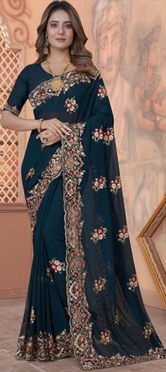 Blue color Saree in Georgette fabric with Embroidered, Resham, Stone, Thread, Zari work Blue Floral Embroidered Saree For Wedding, Blue Embroidered Fabric With Motifs For Wedding, Blue Color Saree, Wedding Blue, Cute Prom Dresses, Wedding Saree, Zari Work, Georgette Fabric, Women's Wear