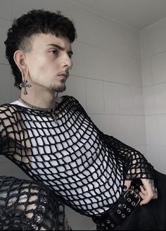 Male Fishnet Outfit, Fishnet Top Outfit, Goth Fashion Men, Black Fishnet Top, Aesthetic Male Outfits, Crop Top Men, Fishnet Outfit, Rave Outfits Men, Goth Guys