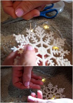 someone is making a snowflake out of plastic string and some light up lights