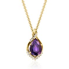 Ross-Simons - C. 1980 Vintage 7.00ct Ametyst, .35ct t. w. Diamond Pendant Necklace. 18". C. 1980. Delivering instant elegance, our Estate collection pendant necklace presents a 7.00 carat pear-shaped amethyst traced here and there by .35 ct. t. w. round brilliant-cut diamonds. Finely crafted in polished 14kt yellow gold and suspended from a cable chain. Lobster clasp, diamond and amethyst pendant necklace. Exclusive, one-of-a-kind Estate Jewelry. Amethyst birthstones are the perfect gift for Feb Purple Prong Setting Formal Necklaces, Formal Fine Jewelry Amethyst Necklaces, Formal Fine Jewelry Amethyst Necklace, Formal Amethyst Necklace In Fine Jewelry Style, Formal Yellow Gold Amethyst Necklace, Classic Amethyst Necklaces For Wedding, Elegant Purple Necklace With Prong Setting, Elegant Amethyst Necklace With Diamond Cut, Classic Purple Necklace For Anniversary