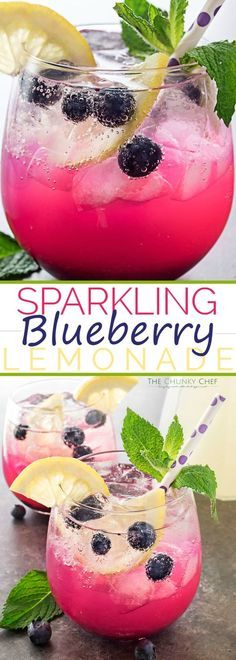 sparkling blueberry lemonade is garnished with fresh mint and served in glasses