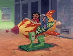 an animated character riding on top of a toy rocket