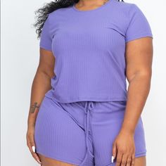 Plus Soft Ribbed Top&Shorts Set Relaxed Fit Short Set For Spring, Spring Short Set, Spring Loungewear Short Set, Purple Short Length Tops For Summer, Purple Shorts For Spring Loungewear, Fitted Solid Color Pajama Shorts For Spring, Fitted Solid Pajama Shorts For Spring, Chive Blossom, Top Shorts Set