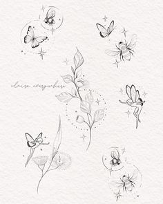 some flowers and butterflies are drawn on paper