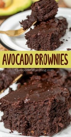 chocolate brownies are stacked on top of each other with the words, avocado brownies