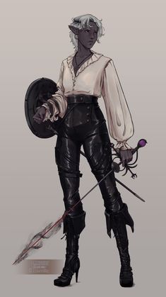 a drawing of a woman with white hair and black leather pants holding a shield and two swords