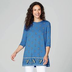 Brand New! J. Jill Blue Floral Hem Tunic Top Bright Blue With All Over Paisley Pattern Colorful Floral Hem 1/2 Length Sleeves Keyhole Back With Inverted Pleat Detail Crew Neckline Loose Fit Rayon/ Spandex Blend Jersey Fabric Bust: 21.5” Flat Across Length: 29” Casual Blue Floral Print Tunic, Casual Printed Blue Tunic, Casual Blue Printed Tunic, Blue Floral Print Tunic Top, Printed Blue Tunic For Spring, Paisley Pattern, Bright Blue, Tunic Top, Jersey Fabric