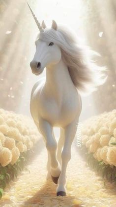 a white unicorn is walking down a path with flowers in the foreground and sunlight streaming through the background