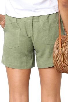 Green Faylin Shorts Casual Green Bermuda Shorts With Elastic Waistband, Green Bottoms With Side Pockets For Summer, Casual Green Shorts With Short Inseam, Summer Green Shorts With Pockets, Green Summer Shorts With Pockets, Green Bermuda Shorts With Pockets For Spring, Casual Green Bermuda Shorts For Spring, Casual Bermuda Pants For Vacation, Chic Green Relaxed Fit Shorts