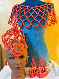 African coral bead head crown(Tiara)/shoulder cape blouse/earrings/ beaded gloves. Native Ileke, Edo/Igbo bridal set. Royal Bridal Olori faux Coral Beads Crown. Bridal crown.  Coral Beaded Cape Blouse- Basket style Nigerian Bride, Edo Brides, Igbo  bride, African Bride. African Wedding Coral Beads Set for Nigerian Bride, Edo Brides. African jewelry set, Nigerian bridal accessories.  The head crown is made with elastic to stretch to fit all head sizes.  Hand Made.  Buying Options:   * Shoulder Cape Blouse only * Beaded Head Crown Only * Shoulder Cape Blouse and Head Crown only * Complete set: 1 Beaded Cap, 1 Beaded Cape Blouse,  a pair of Earrings, 2 piece Beaded Gloves or (2) beaded bracelets  Material: Faux Beads, elastic Kindly allow a difference of the picture/pattern of your item(s) be Bead Styles, Edo Brides, Beaded Gloves, Igbo Bride, Cape Blouse, Beaded Cape, Nigerian Bride, Head Crown, Beaded Crown