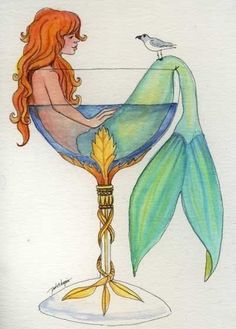 a drawing of a mermaid sitting in a wine glass with a seagull on it