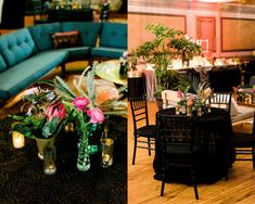 tables and chairs are set up with flowers in vases, candles on the table