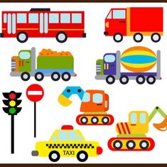 a set of different vehicles and traffic signs on a white background with the words fun vehicle reffadesign