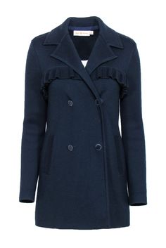 A winter staple with plenty of style, this Tory Burch navy knit jacket is a fast favorite. Side pockets and double-breasted closures are accented by a flirty ruffle detail. Wear to work or for fall play styled with your favorite leather boots! Size XS 50% Wool, 50% Acrylic Front ruffle detail Double breasted snap closures Enameled buttons; slight scuffs at edges Bust 30" Waist 40" Shoulder to hem 30" Shoulder to shoulder 14" Sleeve length 25" Chic Navy Double-breasted Peacoat, Chic Navy Outerwear For Fall, Chic Navy Peacoat For Spring, Chic Navy Wool Outerwear, Chic Navy Peacoat For Fall, Chic Navy Pea Coat For Fall, Navy Chic Fitted Peacoat, Chic Navy Fitted Peacoat, Fall Blue Ruffled Outerwear