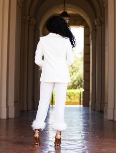 Eva Ivory Feather Blazer Set – Mahdera V Neckline, 2 Piece Set, White Jeans, 2 Piece, Ruffle Blouse, Cuff