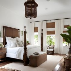 a bedroom with white bedding and wooden furniture