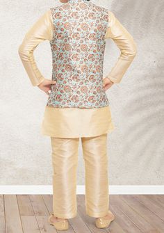 Ready-Made Kurta, and Waistcoat With Trouser. Jacquard Brocade Fabric Waistcoat Dupion kurta and Aligarhi Ready Made Trouser. Crafted in Chinese Collar Neck, and Full Sleeve. Satin Lining with Plain Work. High-Quality Matching Buttons. Please Note: The footwear shown in the picture is for presentation and photography purposes only. Color: There might be slight color variation due to lighting and flashes while the photo shooting. The color may also vary because of different screen resolutions. Wa Fitted Sets For Festive Winter Occasions, Bollywood Style Festive Winter Sets, Festive Multicolor Nehru Jacket, Fitted Sleeveless Winter Set, Festive Winter Straight Kurta Set, Fitted Nehru Jacket With Self Design For Diwali, Festive Brocade Nehru Jacket, Fitted Nehru Jacket With Self Design For Festive Occasions, Fitted Nehru Jacket With Self Design For Festive