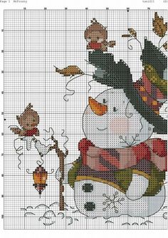 a cross stitch pattern with a snowman and birds