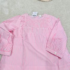 New J Crew Cuts Pink Striped Top With Ruffle And Smocked Neck New With Tags Excellent Condition Cotton Soft Fabric Pink Cotton Tops With Smocked Bodice, Pink Cotton Top With Smocked Bodice, Pink Cotton Smock Blouse, Pink Long Sleeve Smocked Top, White Long-sleeve Top With Smocked Back, Pink Long Sleeve Smock Blouse, Cute Cotton Tops With Smocked Back, Cute Cotton Tops With Smocked Bodice, Cute Pink Cotton Smocked Top