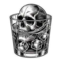 a black and white drawing of a skull in a glass filled with ice cubes