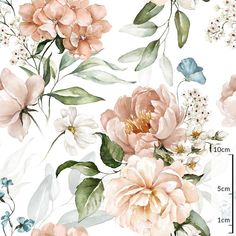 a floral wallpaper with pink flowers and green leaves on the bottom half of it