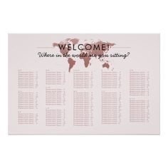 a pink and brown world map with the words welcome on it's back side