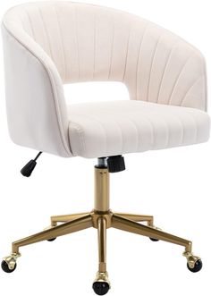 a white office chair with gold wheels and casteors