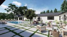 an artist's rendering of a house with a pool and outdoor furniture in the foreground