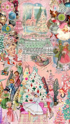 a collage of christmas images and ornaments on pink paper with an image of a castle in the background