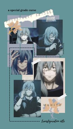 an anime character with long hair and blue eyes is shown in four different frames, including the