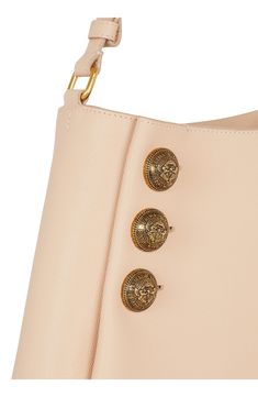 Crest-embellished buttons inspired by the label's ready-to-wear collection detail the sides of this grained leather shoulder bag in a triangular silhouette. Magnetic closure Shoulder strap Interior zip pocket Unlined Leather Made in Italy Designer Handbags Designer Top Handle Shoulder Bag With Snap Closure, Designer Shoulder Bag With Top Handle And Snap Closure, Luxury Shoulder Bag With Snap Closure, Luxury Formal Shoulder Bag With Snap Closure, Luxury Evening Shoulder Bag With Snap Closure, Luxury Bags With Snap Closure For Formal Occasions, Luxury Formal Bags With Snap Closure, Luxury Bags With Snap Closure, Nude Bags