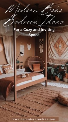 a bed room with a canopy bed and rugs on the floor next to it