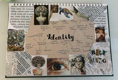 a spiral notebook with the words identity written on it and images of people's faces