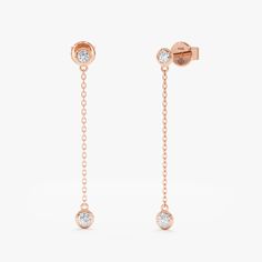 Pair of solid 14k rose gold long hanging diamond bezel earring studs Rose Gold Bezel Set Fine Jewelry Earrings, Diamond Earrings With Adjustable Chain, Rose Gold Dangle Earrings With Brilliant Cut, Rose Gold Brilliant Cut Dangle Earrings, Diamond Earrings Fine Jewelry, Rose Gold Diamond Dangle Earrings, Elegant Rose Gold Earrings With Bezel Setting, Fine Diamond Earrings, Fine Jewelry Diamond Drop Earrings With Bezel Setting