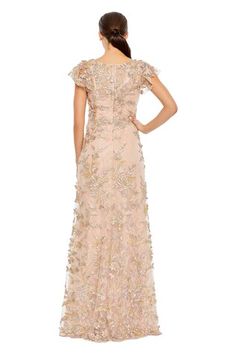 Peach polyester gown with floral applique hand embroidery. - Aza Fashions Hand Applique, Mac Duggal, Floral Applique, Aza Fashion, Cap Sleeves, Hand Embroidered, Hand Embroidery, Mac, V Neck