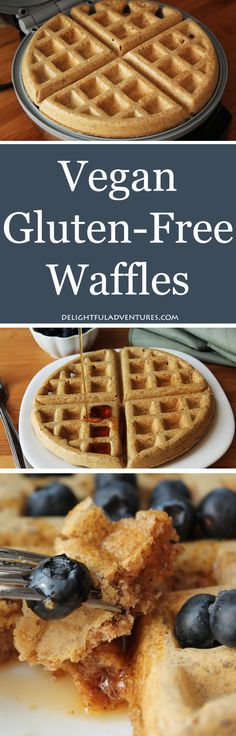 a plate topped with waffles covered in syrup and blueberries next to another plate full of waffles