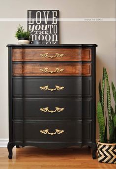 a black dresser with gold handles and drawers in front of a potted snake plant