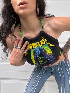 Metallica Band Tee Beaded Necklace & Striped Backless Halter Crop Top With Striped Serape Tie Waist Bohemian Stretch Halter Top For Party, Black Bohemian Halter Top For Party, Halter Neck Top For Music Festival, Multicolor Beaded Tops For Festival, Mint Tee, Queen Summer, Metallica Band, Purple Fits, Turquoise Bead Necklaces