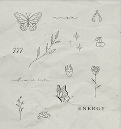 an image of butterflies and flowers with the words energy written on them in black ink