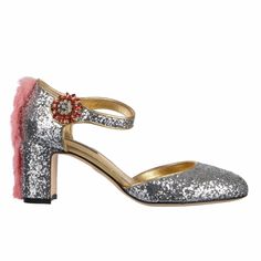 Glitter Design Mary Jane Pumps Vally Embellished With Mink Fur And Crystals Buckle By Dolce & Gabbana Black Label - Made In Italy.Original Price $995 - Former Rrp: Eur 645 - New With Box - Model: Cd0642-A8i21-8h956 - Material: 35% Polyester, 25% Polyurethan, 15% Lambskin, 9% Viscose, 6% Mink - Inside Material: Leather - Sole: Leather - Color: Silver / Pink - Round Toe - Block Heel - Embellished With Fur And Crystals Buckle - Elastic Fastening With A Decorative Buckle - Heel: Appr. 6 Cm Glamorous Embellished Heels For Galas, Black And White High Heels, Lace Pumps, White High Heels, Crystal Heels, Mid Heels Pumps, Dolce Gabbana Shoes, Black And White Sneakers, Glitter Design