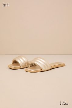 Keep it simple but make it luxe with the Lulus Ameeria Champagne Flat Slide Sandals! These must-have sandals have a shiny, faux leather construction that shapes a square footbed and a wide vamp strap with a puffy, quilted-like effect. The simple slide-on design makes for an effortless final finish to your OOTDs! 0. 5" rubber heel. Cushioned insole. Rubber sole has nonskid markings. Man made materials. Imported. Lulus | Ameeria Champagne Flat Slide Sandal Heels. Simple Sandals, Sandals Flat, Sandal Heels, Rubber Heels, Keep It Simple, Women's Summer Fashion, Slide Sandals, Make It, Rubber Sole