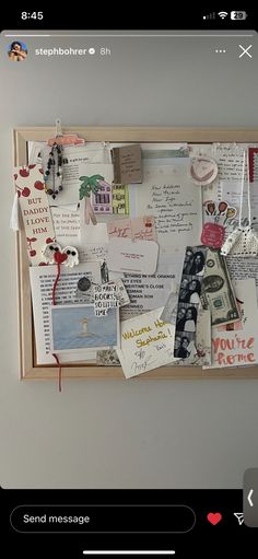 a white wall with many different items on it and the words send message written below