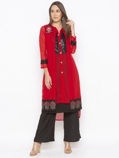 Red Double Layered Georgette Mid Length Indo Western Style Kurta With Black Sequence Detailing On Inner Kurta And Full Sleeves Edge With Embroidery Around Neckline And Hemline And Embroidered Bead Work Button Detailing On Front Placket Worn With Black Culottes. Black Culottes, Resham Work, Straight Kurta, Indo Western, Western Style, Full Sleeve, Western Fashion