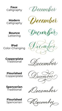 some type of calligraphy that is in different colors and font styles, with the words december