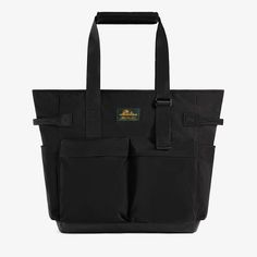 a black tote bag with two pockets