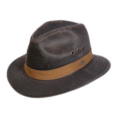 The Rugged Mountain Trail hat is made from weathered cotton and is waterproof. The inside features an organic cotton inner band and secret pocket. The is a great outdoor hat and will keep you protected from both the rain and sun. #menshats #mensfashion #hats #hatsformen #ruggedmensfashion Rugged Fedora Hat For Outdoor, Rugged Fedora With Short Brim For Outdoor, Rugged Distressed Brown Fedora Hat, Brown Wide Brim Cotton Hat, Brown Cotton Wide Brim Hat, Rugged Brown Cotton Hat, Outdoor Waxed Brimmed Hats, Brown Waxed Brimmed Hats, Brown Waxed Finish Hats