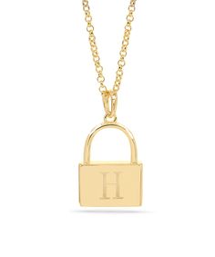 This Lock necklace comes in: Sterling Silver & 14K Gold over Sterling Silver finished with a fine polish for an excellent shiny appeal. You can engrave your initial or a loved one. It includes a 16 or 18" link chain. Luxury Engraved Chain Necklace As Gift, Luxury Engraved Chain Necklace For Gift, Engraved Initial Pendant Chain Necklace As Gift, Engraved Initial Pendant Chain Necklace For Gifts, Gold Engraved Initial Necklace For Formal Occasions, Engraved Yellow Gold Initial Necklace For Formal Occasions, Formal Engraved Yellow Gold Initial Necklace, Formal Gold Engraved Initial Necklace, Formal 14k Gold Engraved Initial Necklace